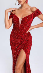 RED OFF-SHOULDER SEQUIN DRESS