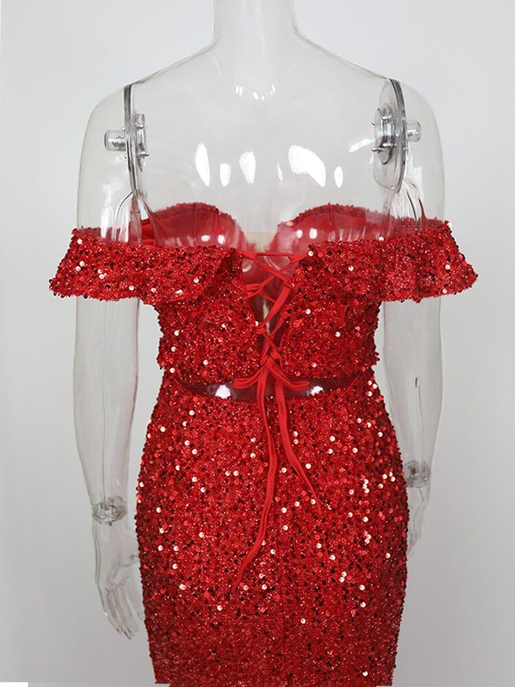 RED OFF-SHOULDER SEQUIN DRESS