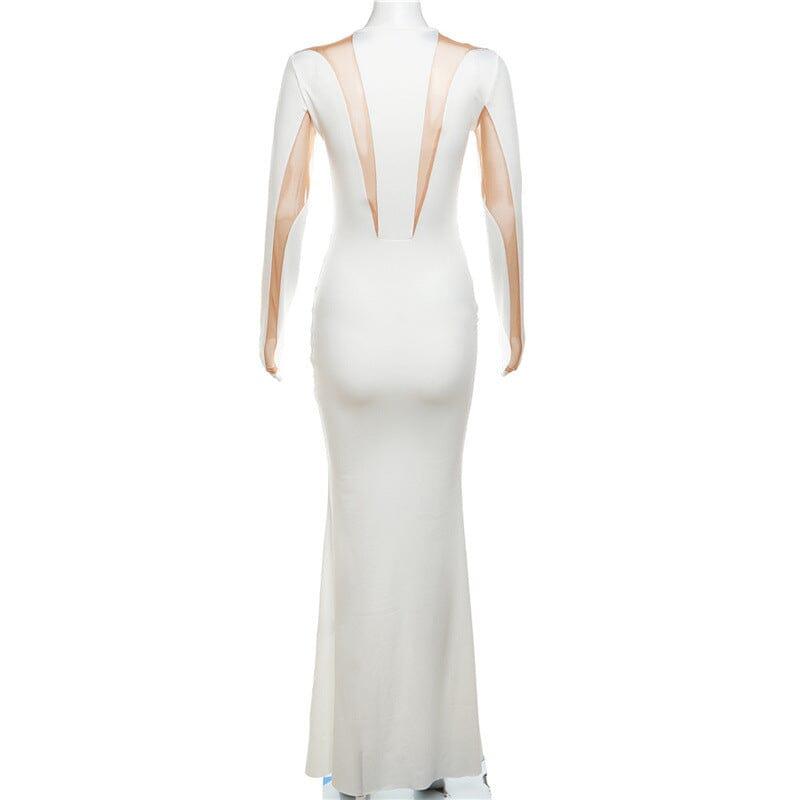 LONG SLEEVE MESH BODYCON MAXI DRESS IN WHITE