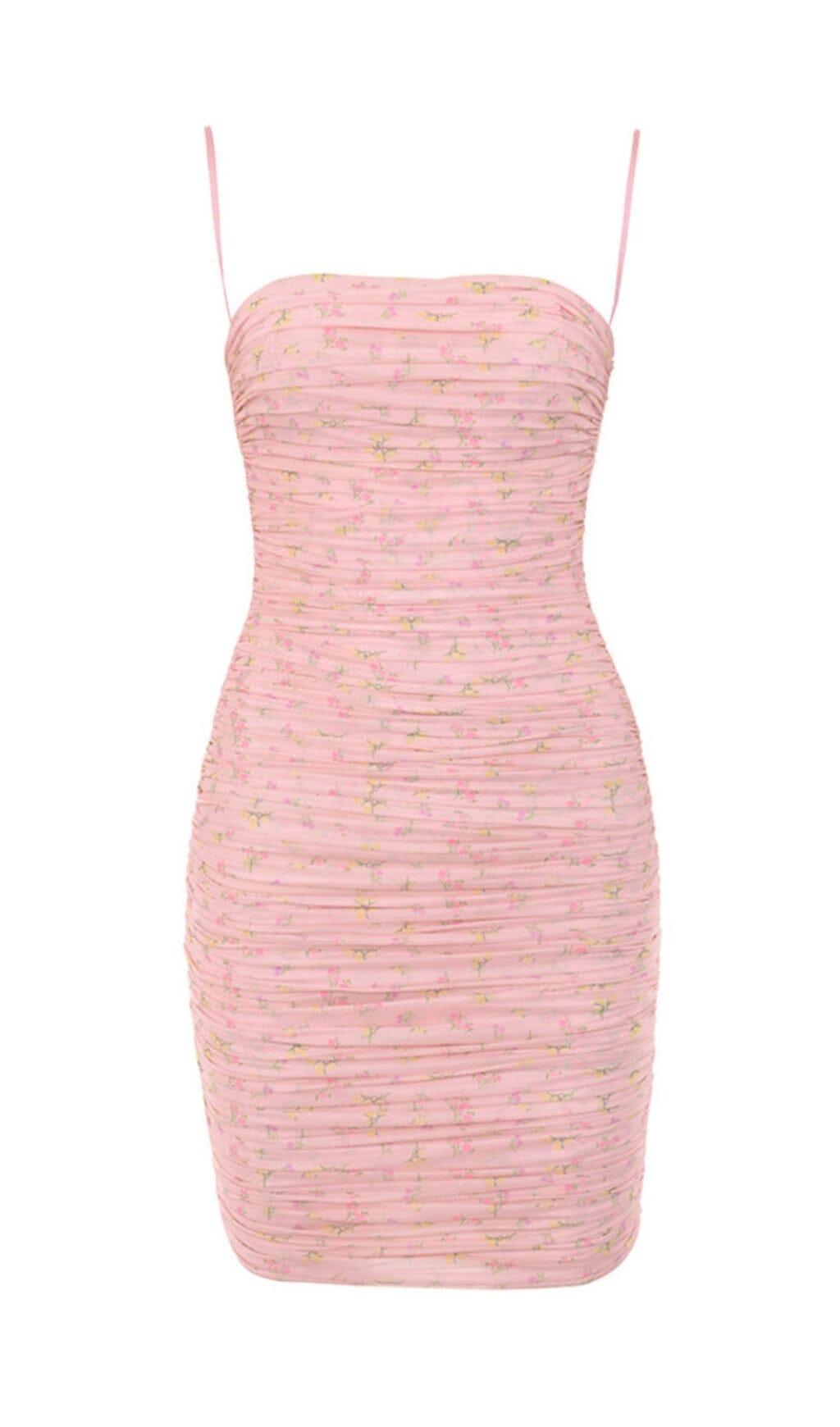 PINK FLORAL RUCHED ORGANZA MESH MINI DRESS