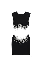 HOLLOW SLEEVELESS HOT RHINESTONE TOP & DRESS SET