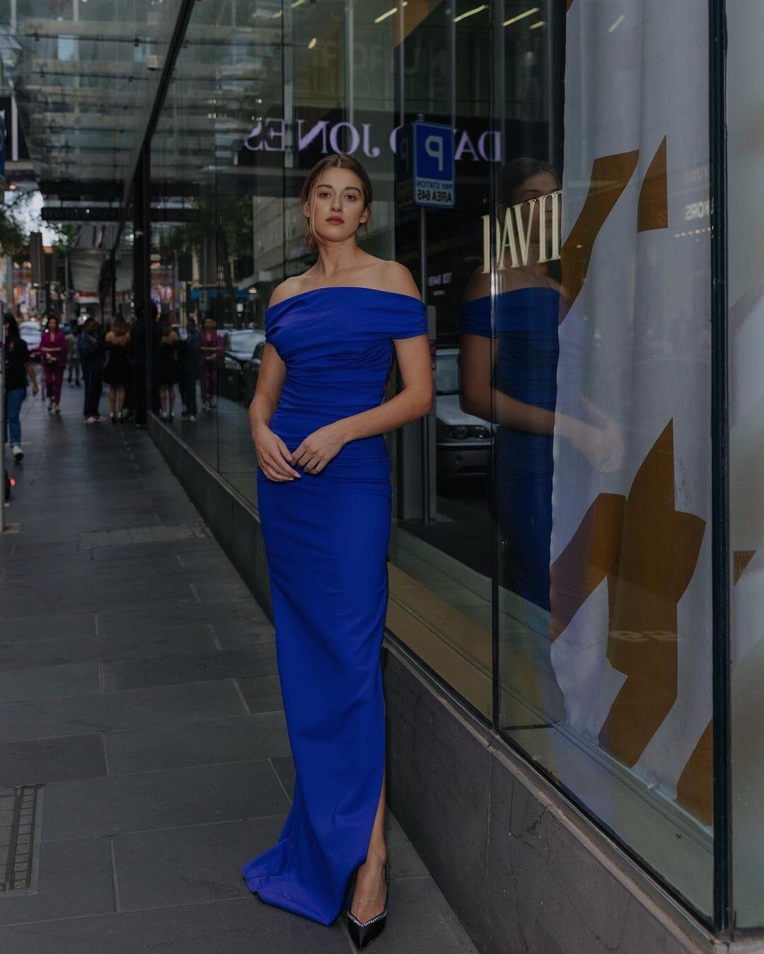 SPLIT SATIN CORSET DRESS IN BLUE