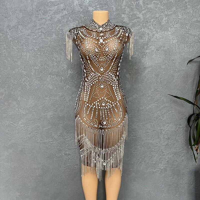 EMBELLISHED FRINGE MESH DRESS