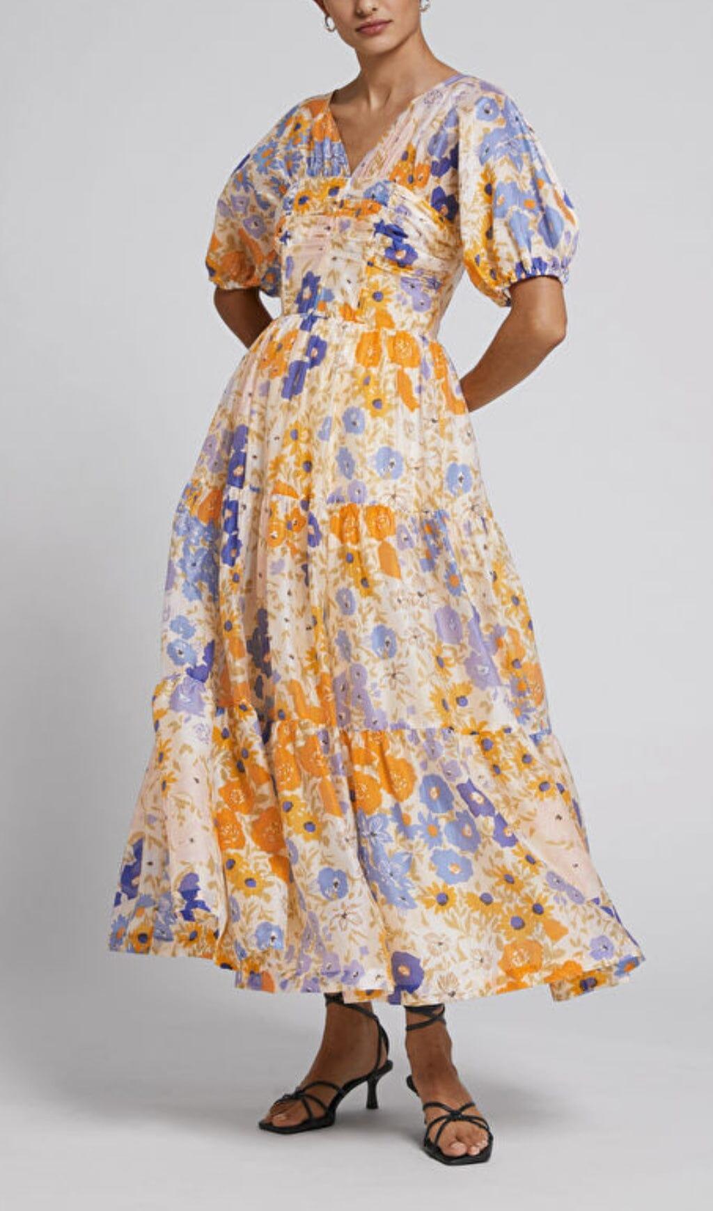 FLORAL PUFF SLEEVE V-NECK MAXI DRESS