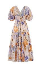 FLORAL PUFF SLEEVE V-NECK MAXI DRESS