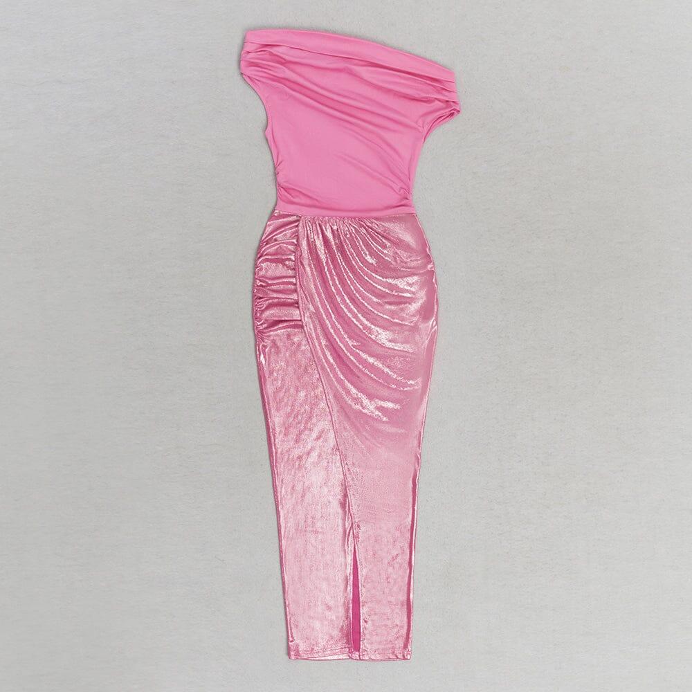 RUCHED SPLIT THIGH DRESS IN PINK