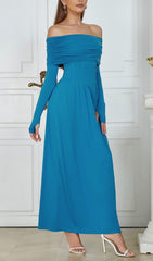 BLUE STRAPLESS LONG SLEEVE MAXI DRESS