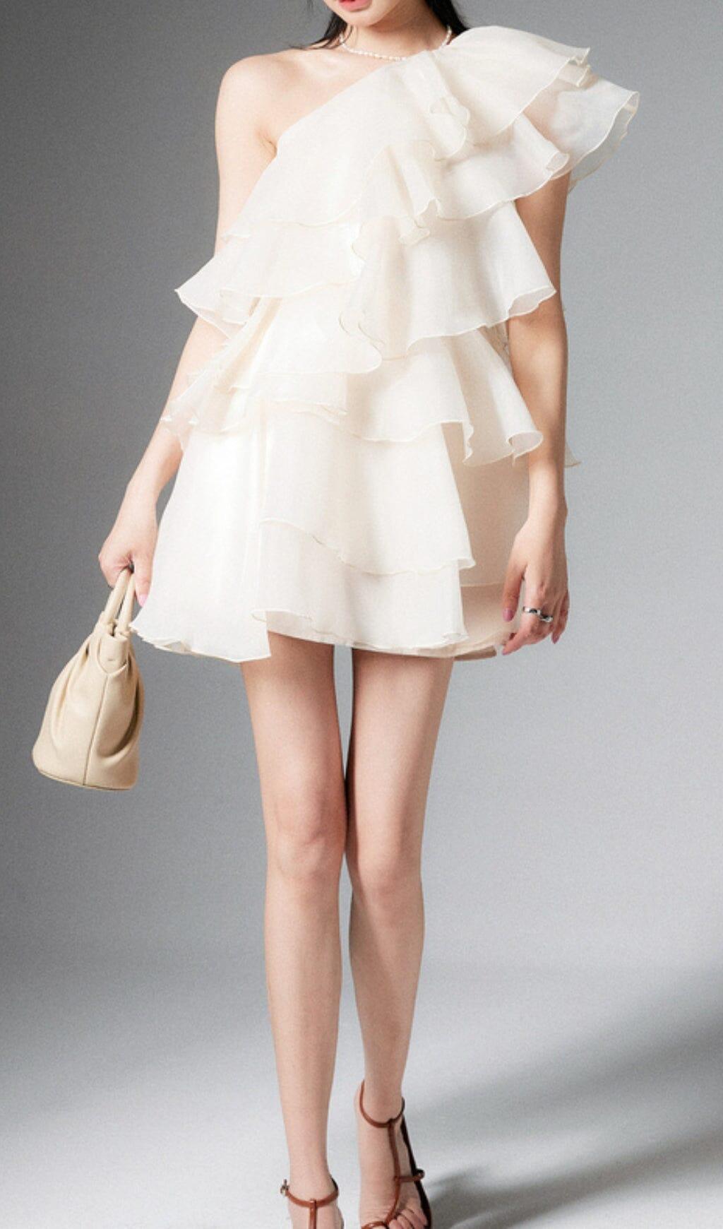 CAP-SLEEVE ONE-SHOULDER PLAIN TIERED MINI DRESS