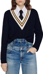 CONTRAST STRIPE CABLE KNIT SWEATER