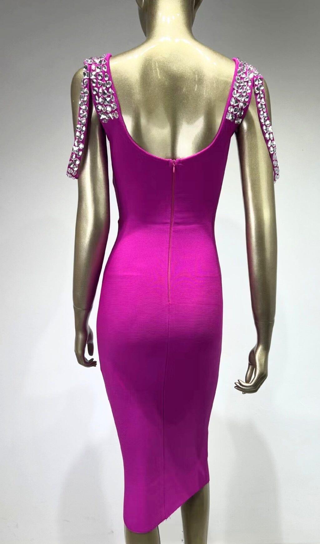 CRYSTAL BANDAGE MIDI DRESS IN HOT PINK