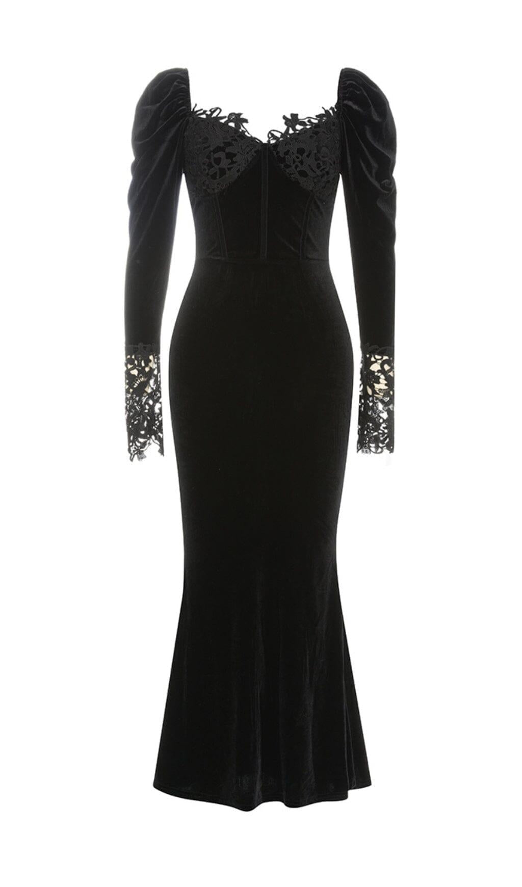 BLACK ELEGANT V-NECK LACE STITCHING FISHTAIL DRESS