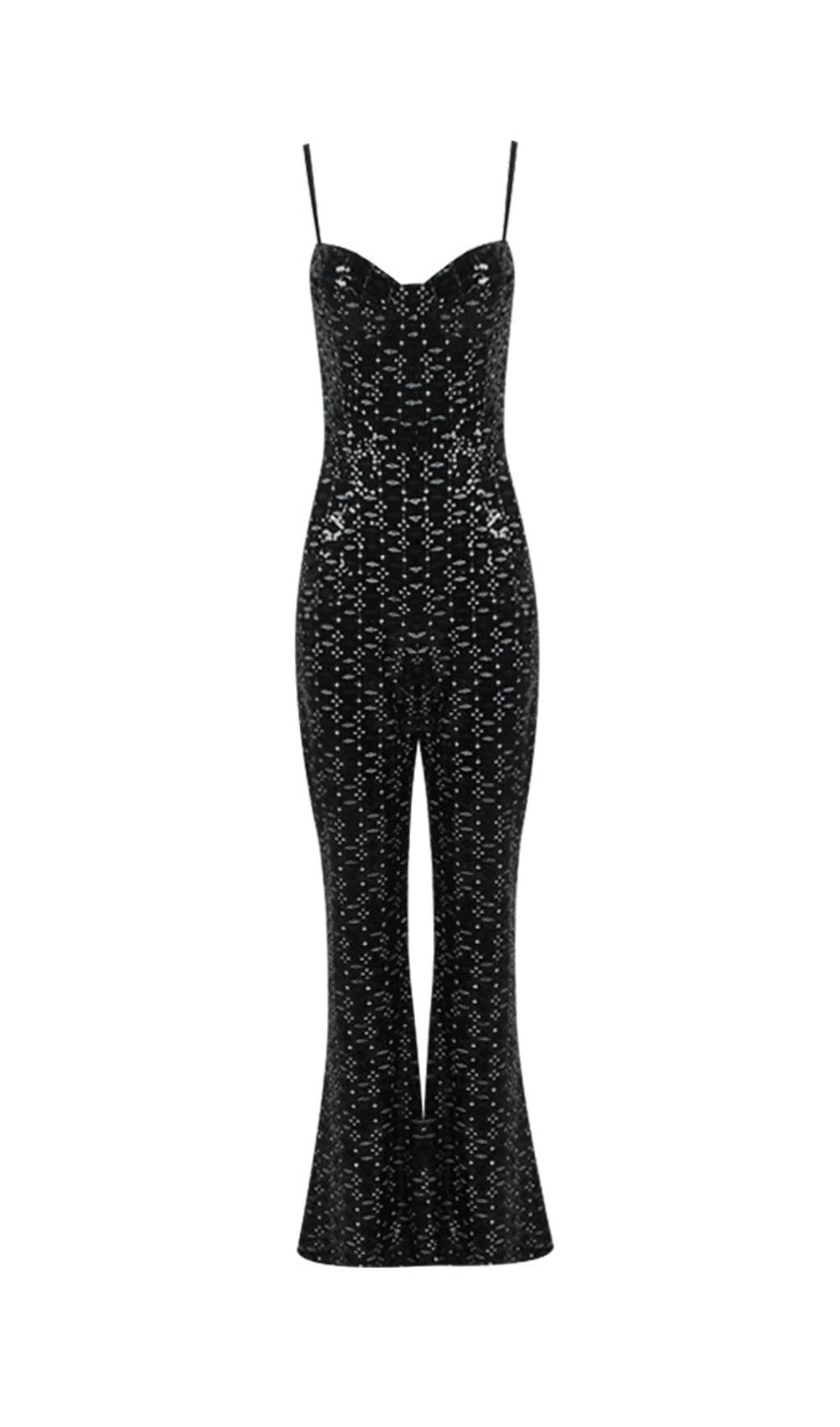 BLACK SEQUIN SUSPENDER STRAPLESS STRAPLESS SLIM FIT JUMPSUIT