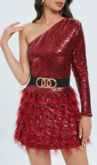 ONE-SHOULDER LONG-SLEEVE MINI DRESS WITH FEATHER SEQUINS