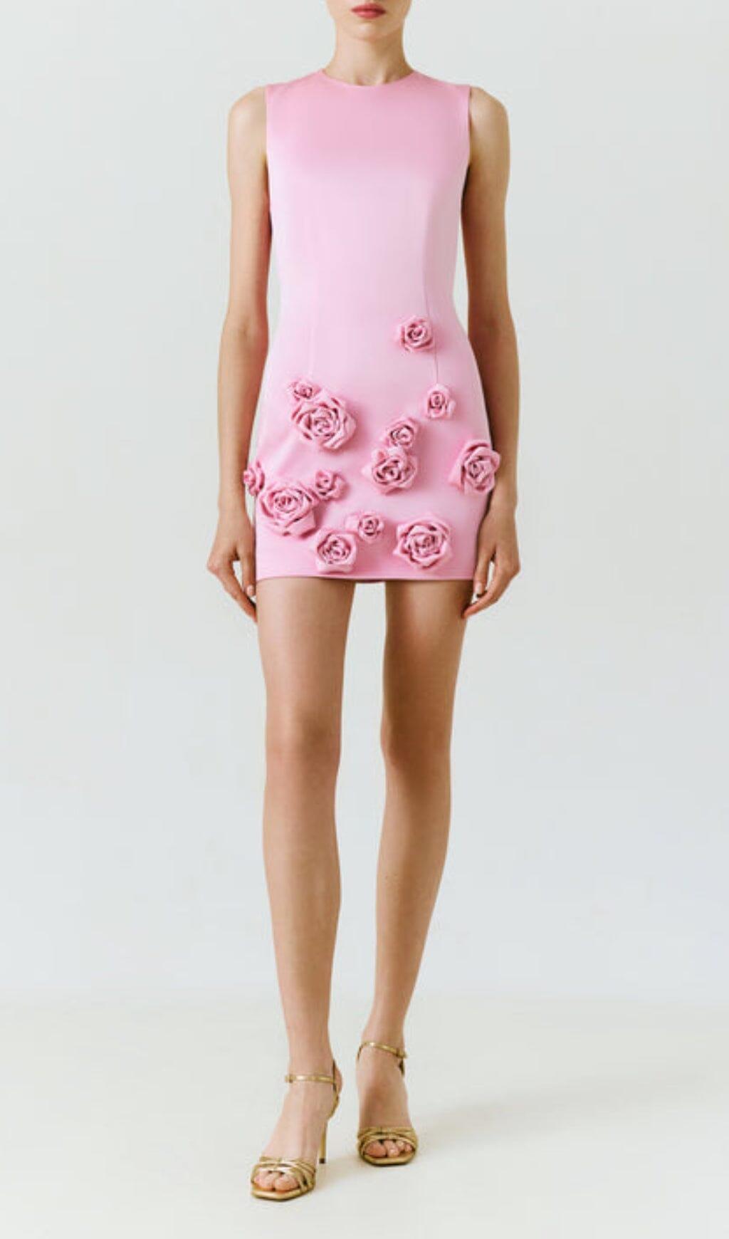 ROSE-APPLIQUÉ ROUND NECK CADY MINI DRESS