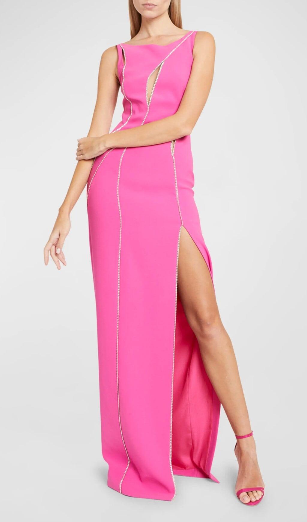 CRYSTAL WAVY CUTOUT THIGH-SLIT CADY GOWN