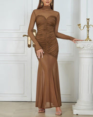 BROWN FIGURE-HUGGING RUCHED MAXI DRESS