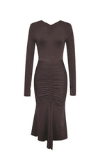 BROWN SLIT RUCHED MIDI DRESS