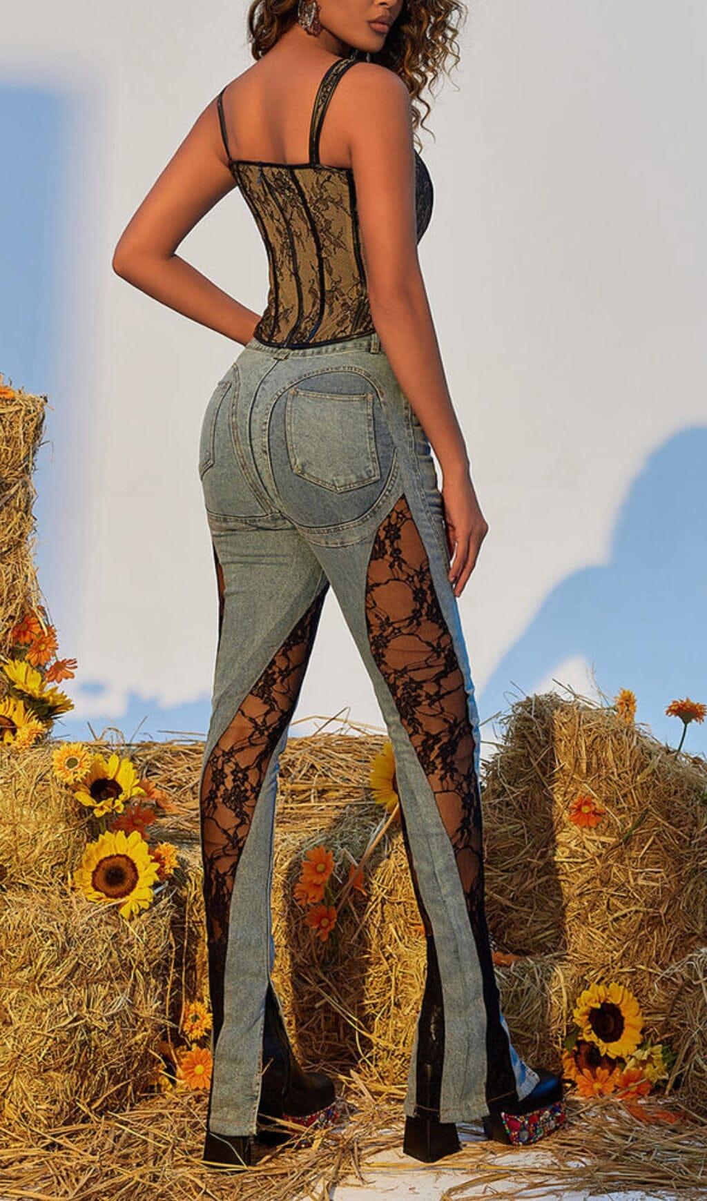 LACE PANELED HIGH RISE SKINNY JEANS