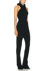 BLACK BACKLESS HOODED JUMPSUIT WITH SLIP POCKETS