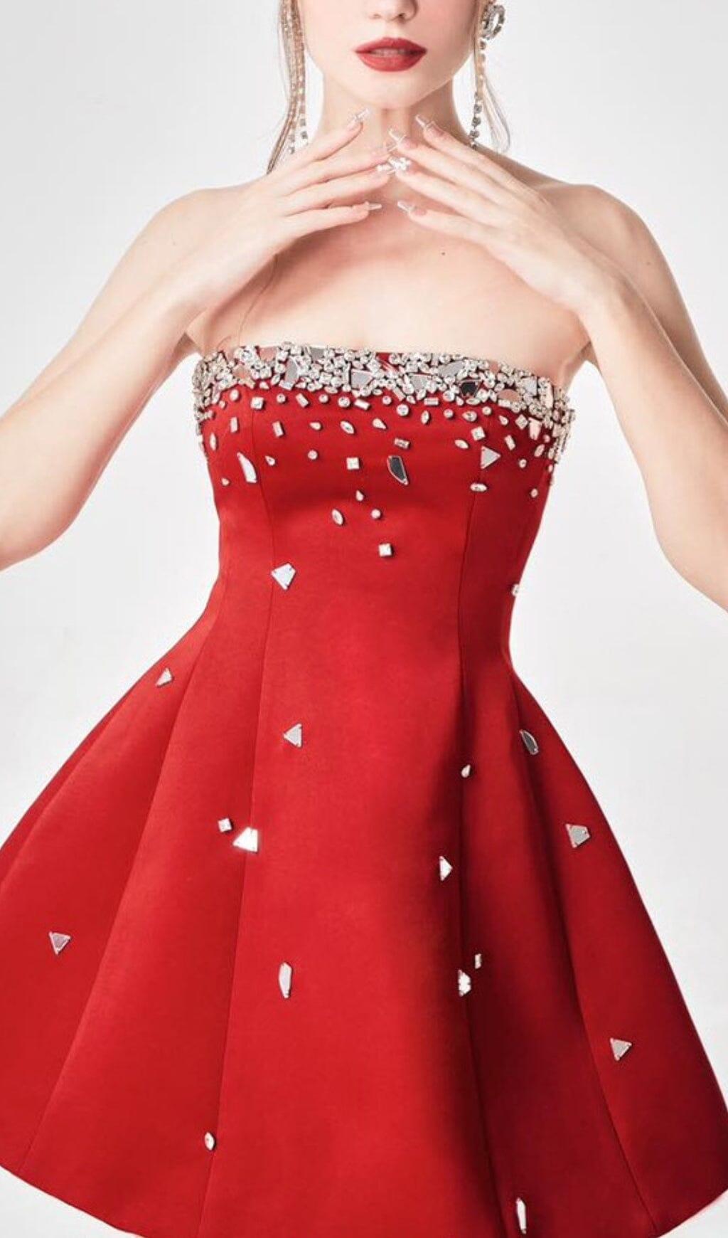 RED CRYSTAL-EMBELLISHED STRAPLESS MINI DRESS