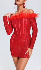 RED LONG SLEEVE FEATHERS SEQUIN DRESS