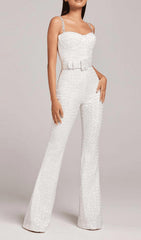 JACQUARD DIAMANTE STRAP FLARED JUMPSUIT WITH BELT