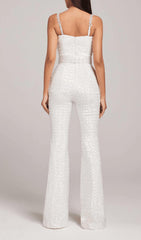 JACQUARD DIAMANTE STRAP FLARED JUMPSUIT WITH BELT