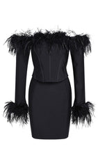 FEATHER CORSET MINI DRESS IN BLACK