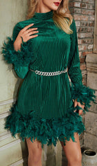 LONG SLEEVE FEATHER VELVET DRESS WITH BELT