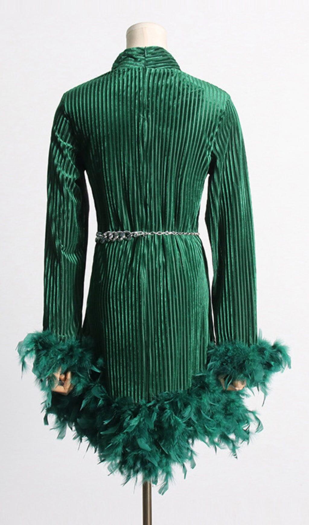 LONG SLEEVE FEATHER VELVET DRESS WITH BELT