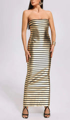 STRAPLESS METALLIC STRIPE MAXI DRESS