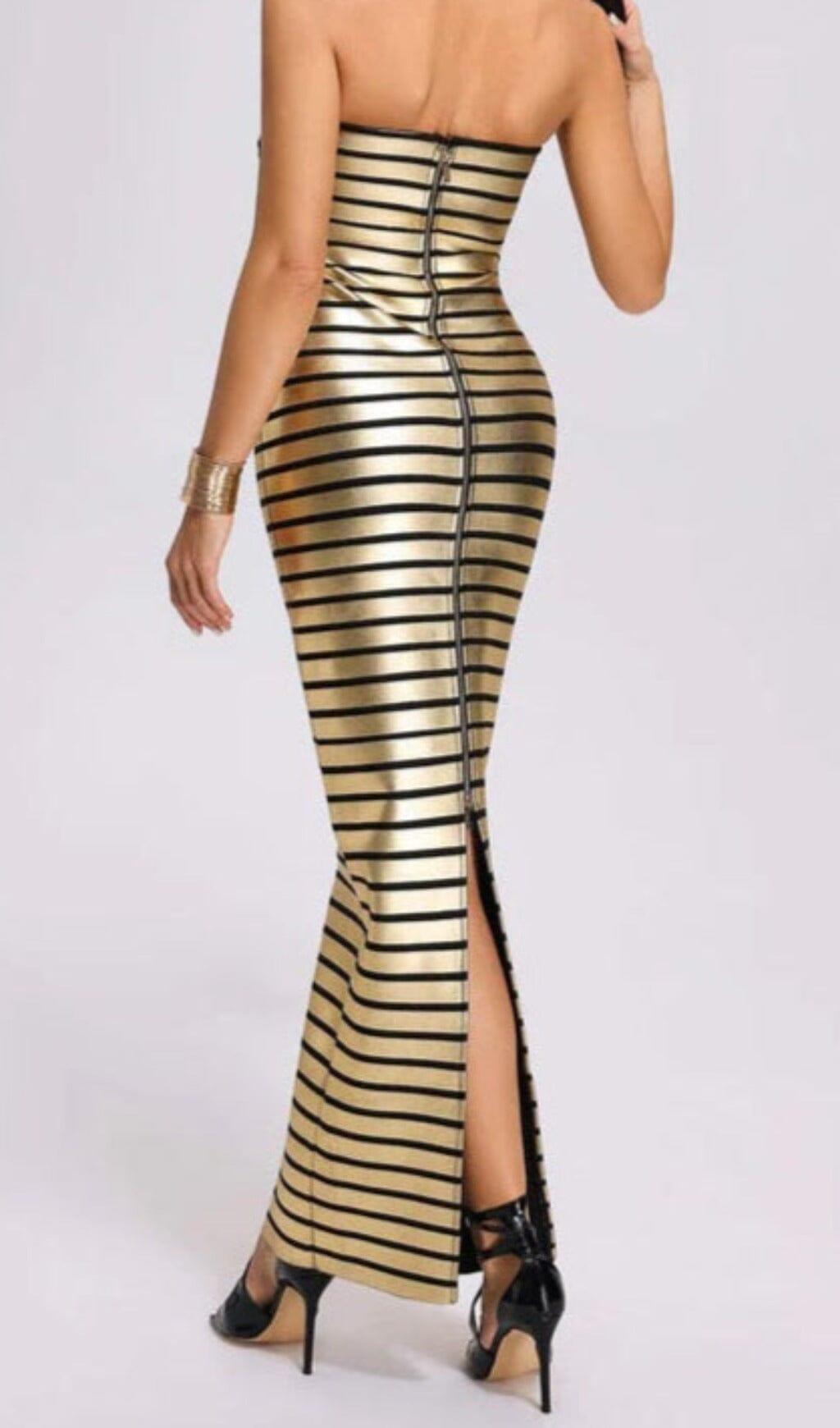 STRAPLESS METALLIC STRIPE MAXI DRESS