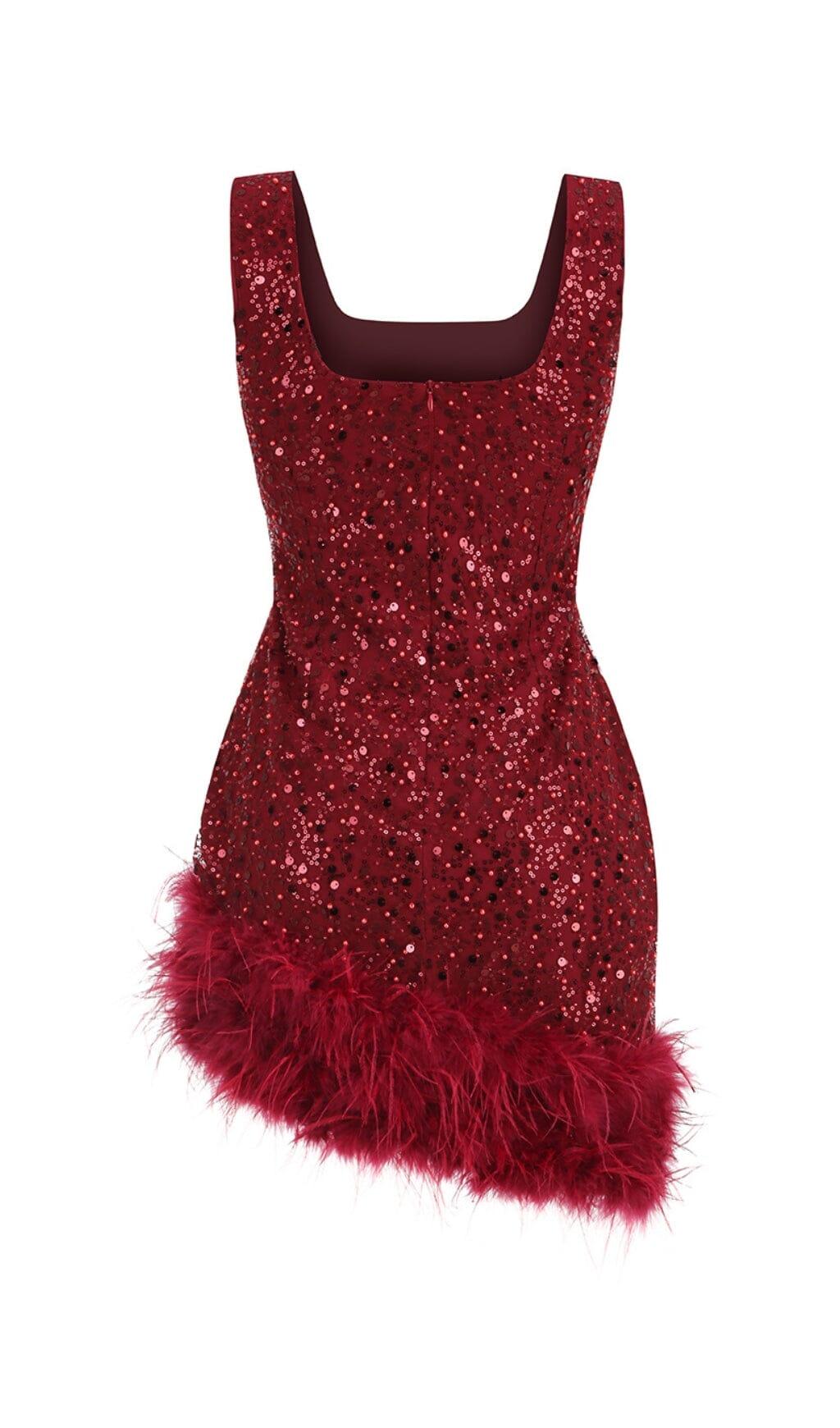 RED FEATHER SEQUIN DRESS