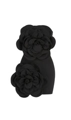 STRAPLESS FLOWER MINI DRESS IN BLACK