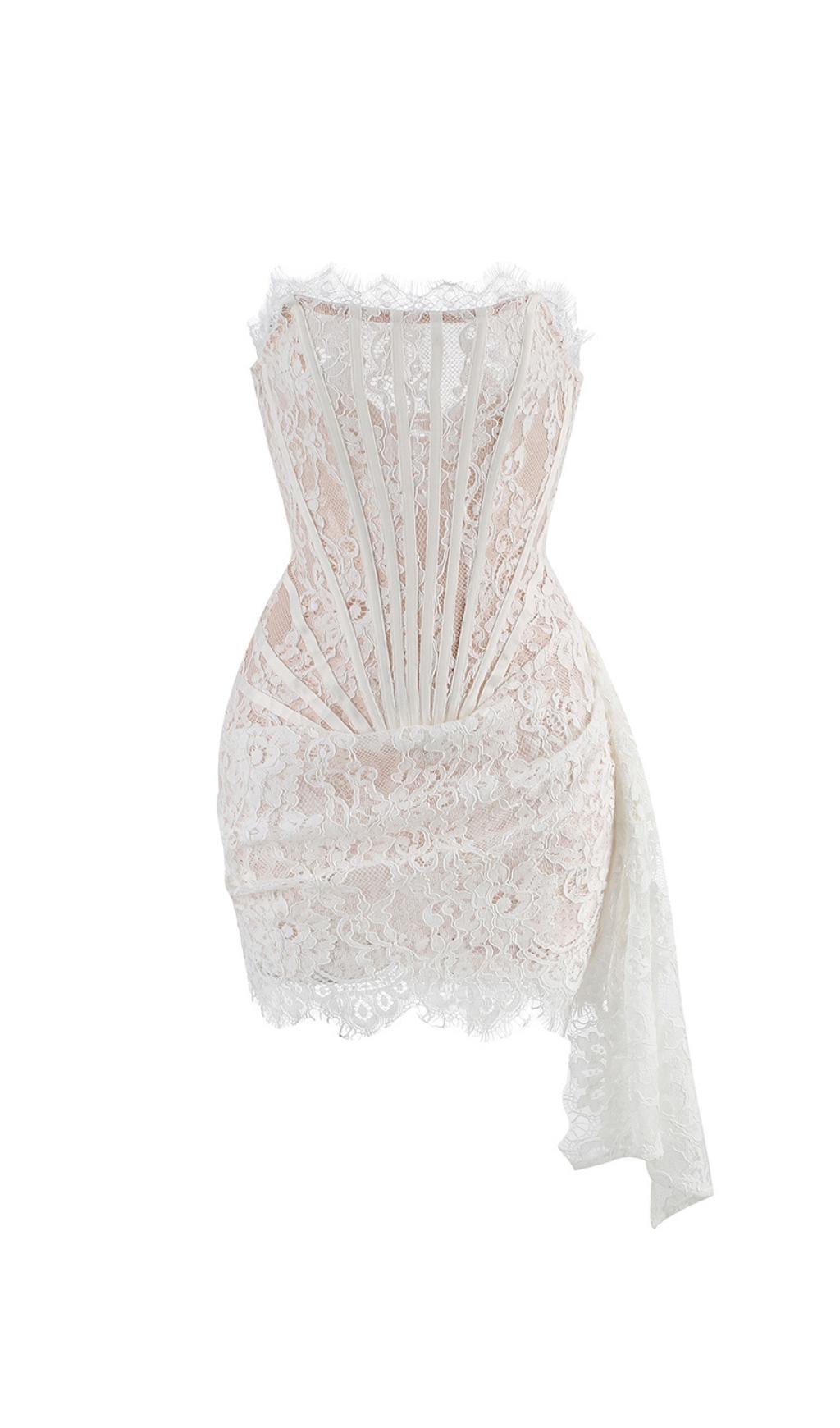 STRAPLESS LACE APPLIQUES MINI DRESS IN WHITE