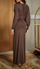 V-NECK BROWN MAXI BODYCON DRESS