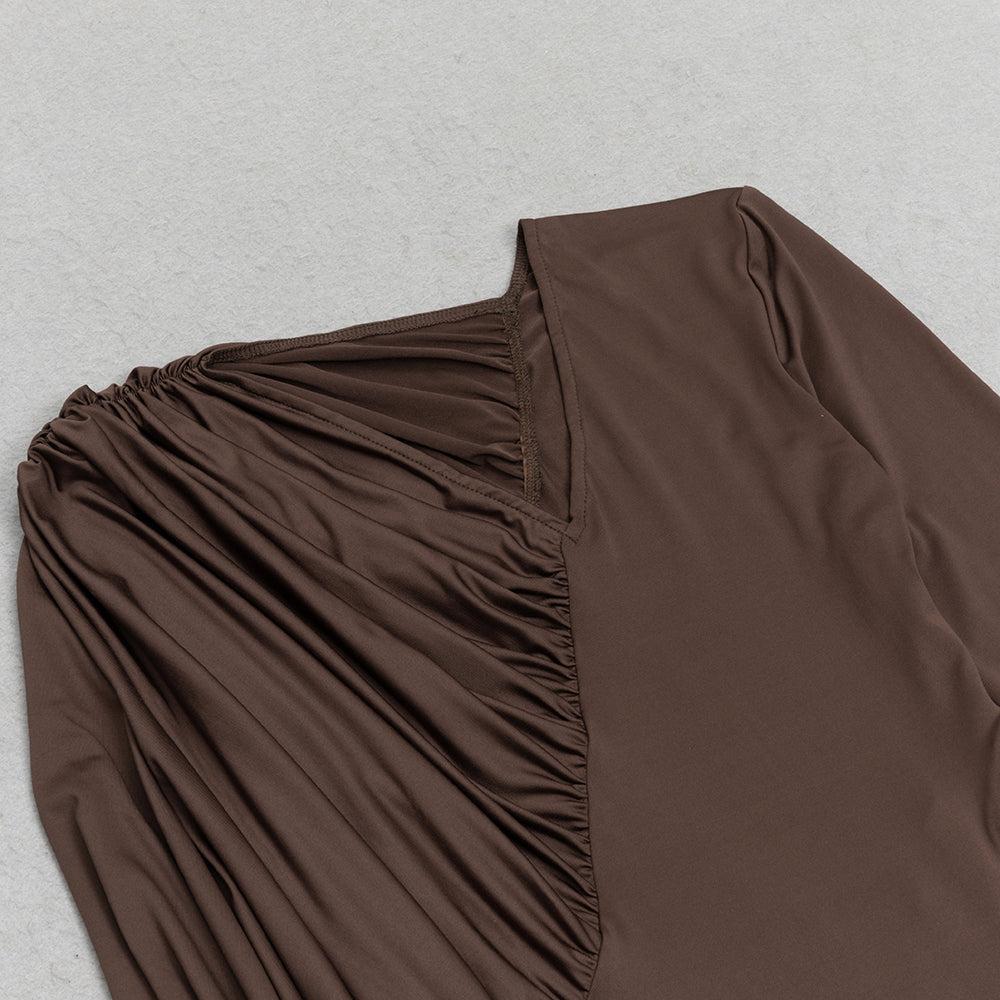 V-NECK BROWN MAXI BODYCON DRESS