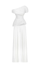 WHITE FEATHER PLEATED TWO PIECES SUIT