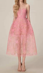 PINK FLORAL LACE EMBROIDER MIDI DRESS