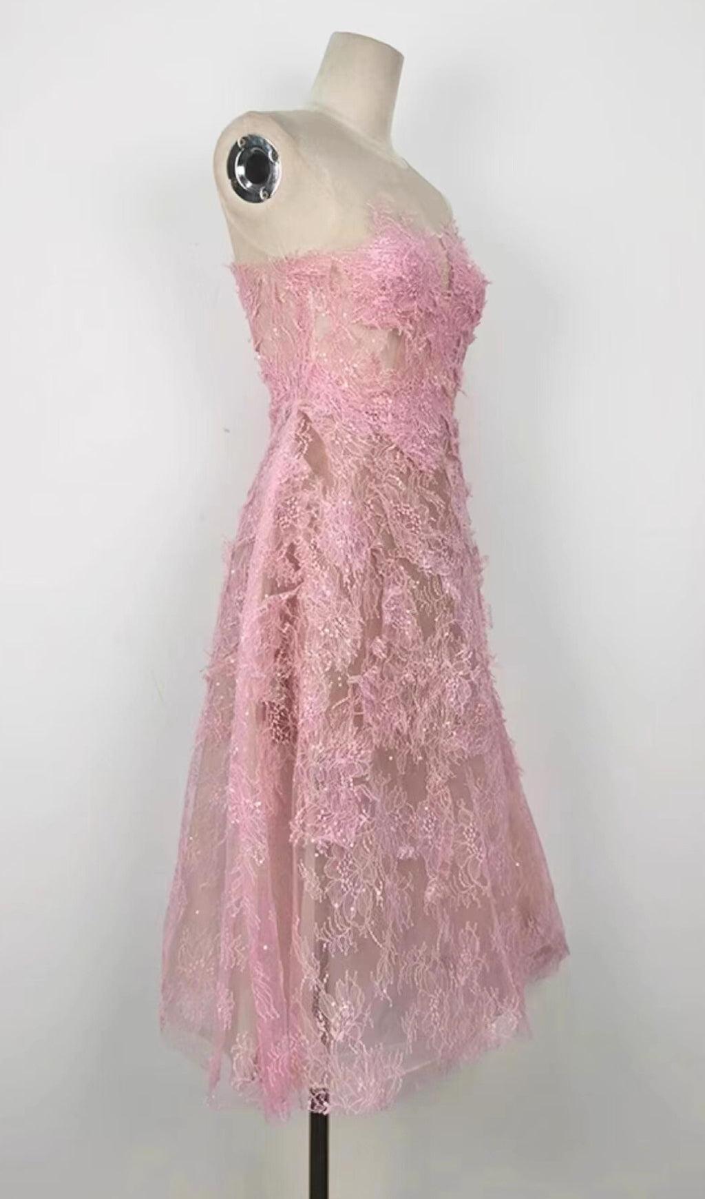 PINK FLORAL LACE EMBROIDER MIDI DRESS