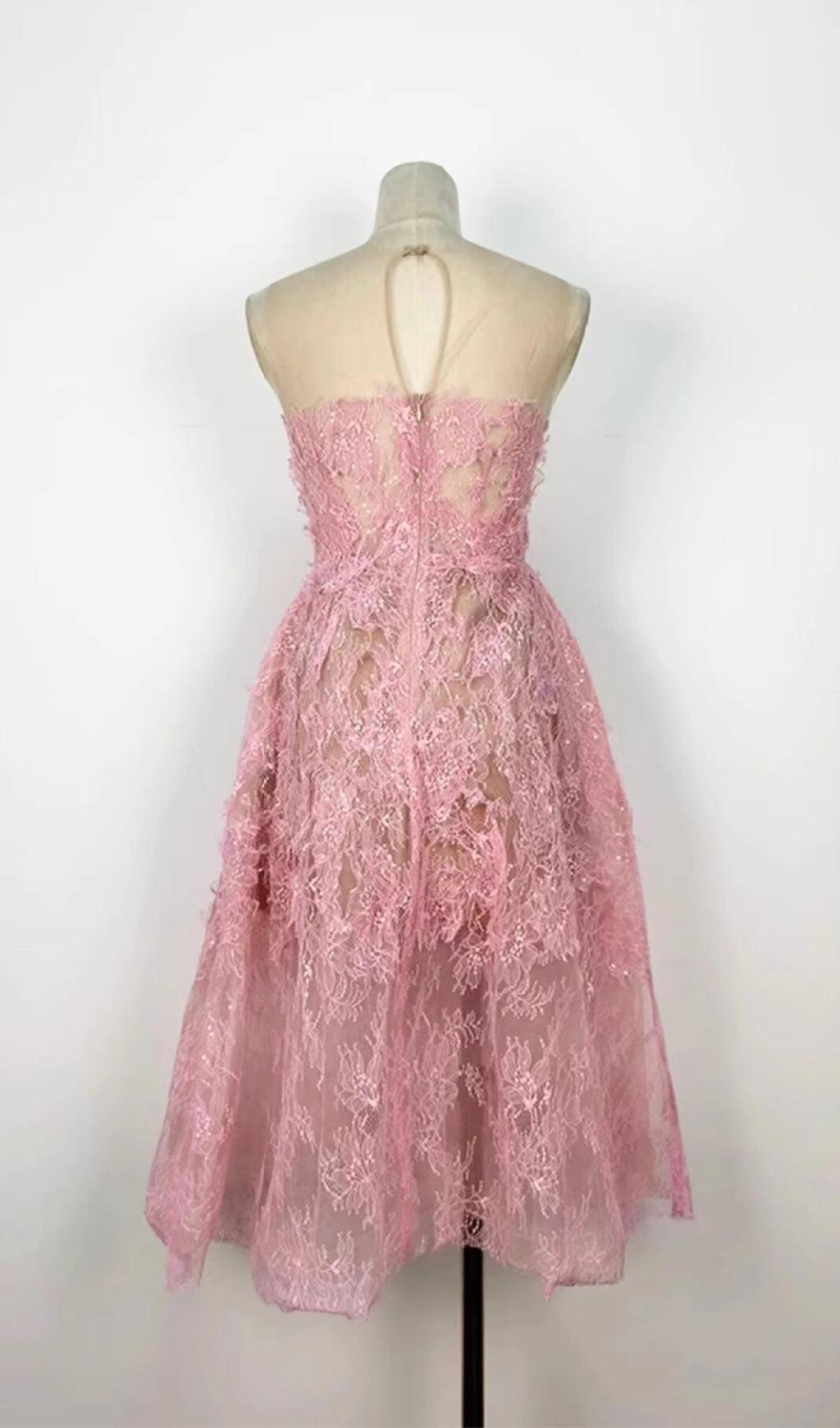 PINK FLORAL LACE EMBROIDER MIDI DRESS