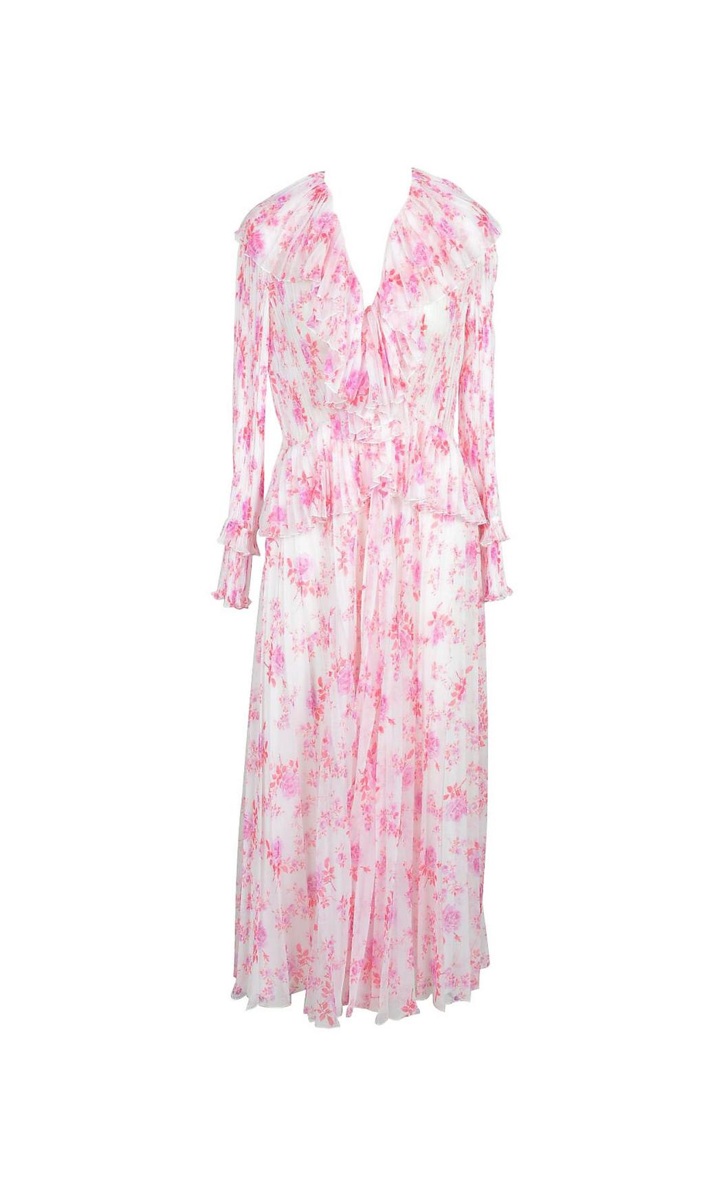 RUFFLED FLORAL-PRINT PLISSÉ-CHIFFON MAXI DRESS