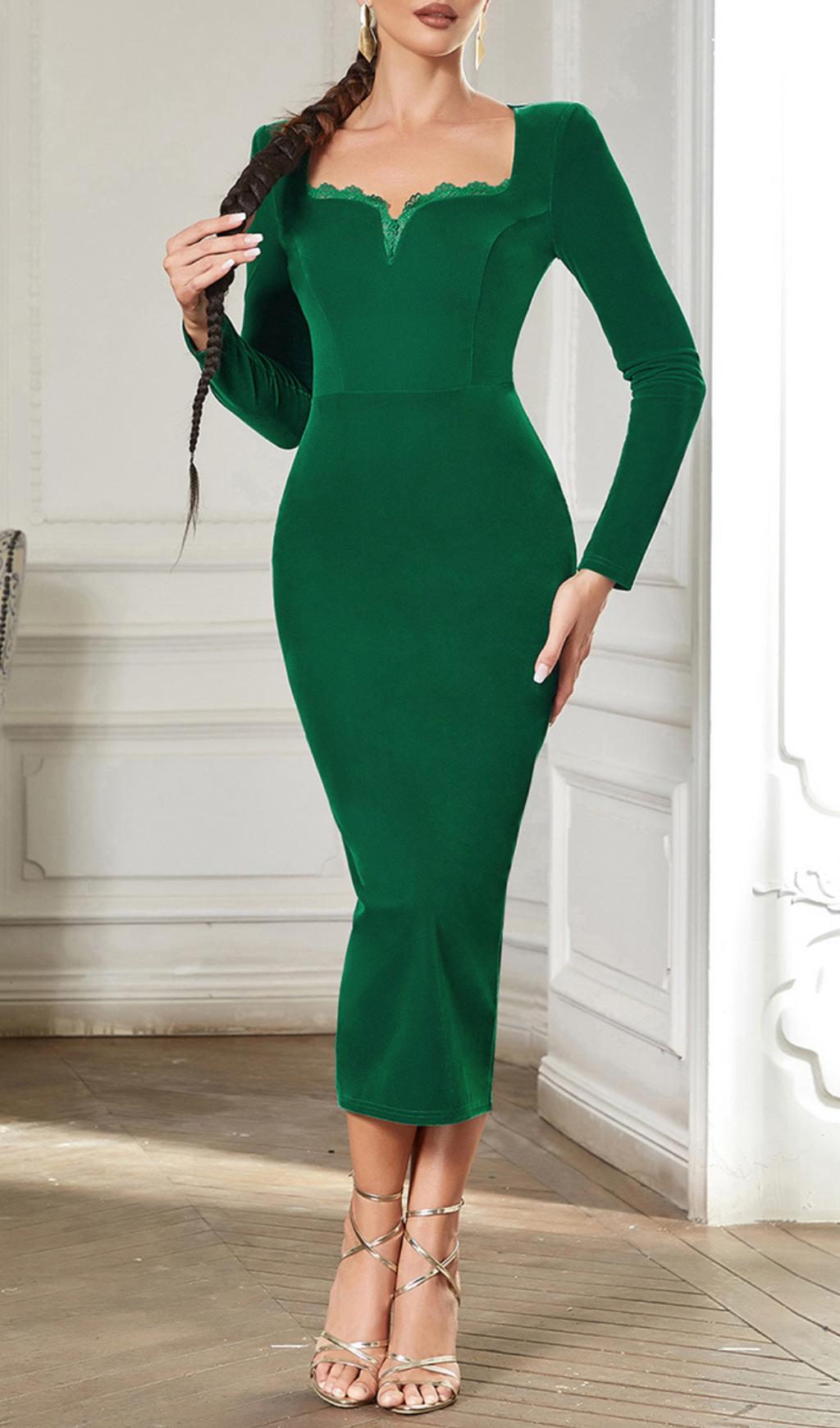 GREEN SPLIT BACK BODYCON MIDI DRESS