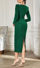 GREEN SPLIT BACK BODYCON MIDI DRESS