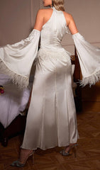 HALTERNECK FEATHER SATIN DRESS IN WHITE