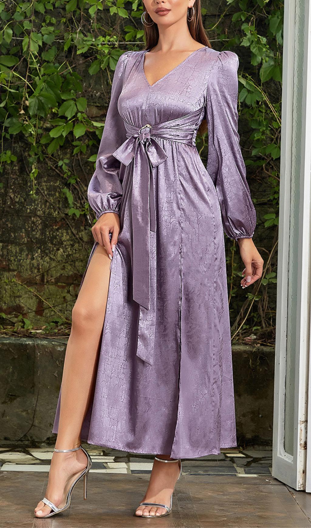 JACQUARD LANTERN SLEEVE SPLIT THIGH MAXI DRESS