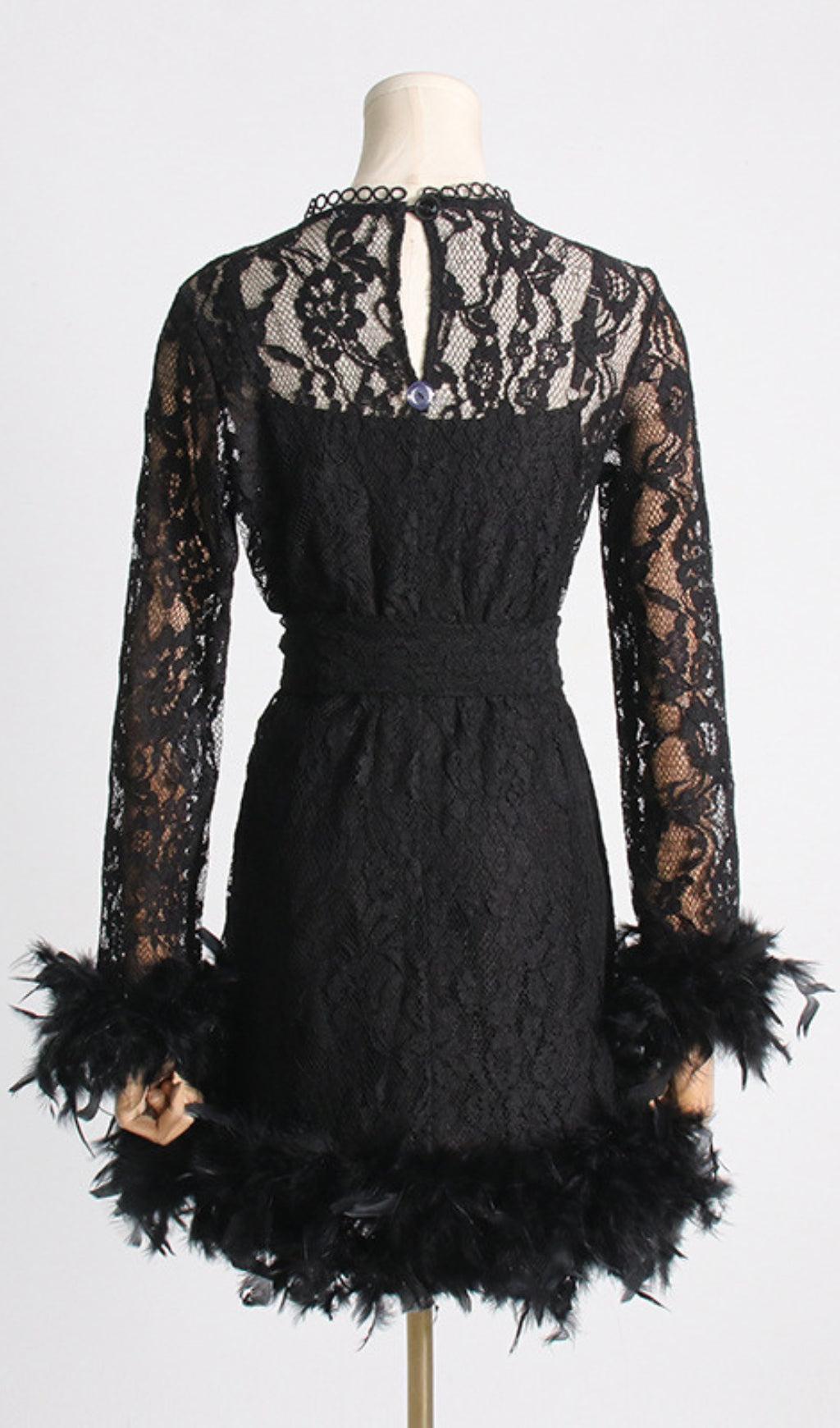 FEATHER TRIMMED LACE DRESS