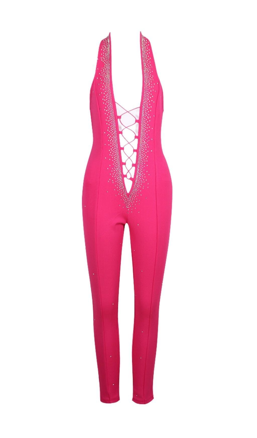 HALTER NECK CRYSTAL BACKLESS JUMPSUITS IN PINK