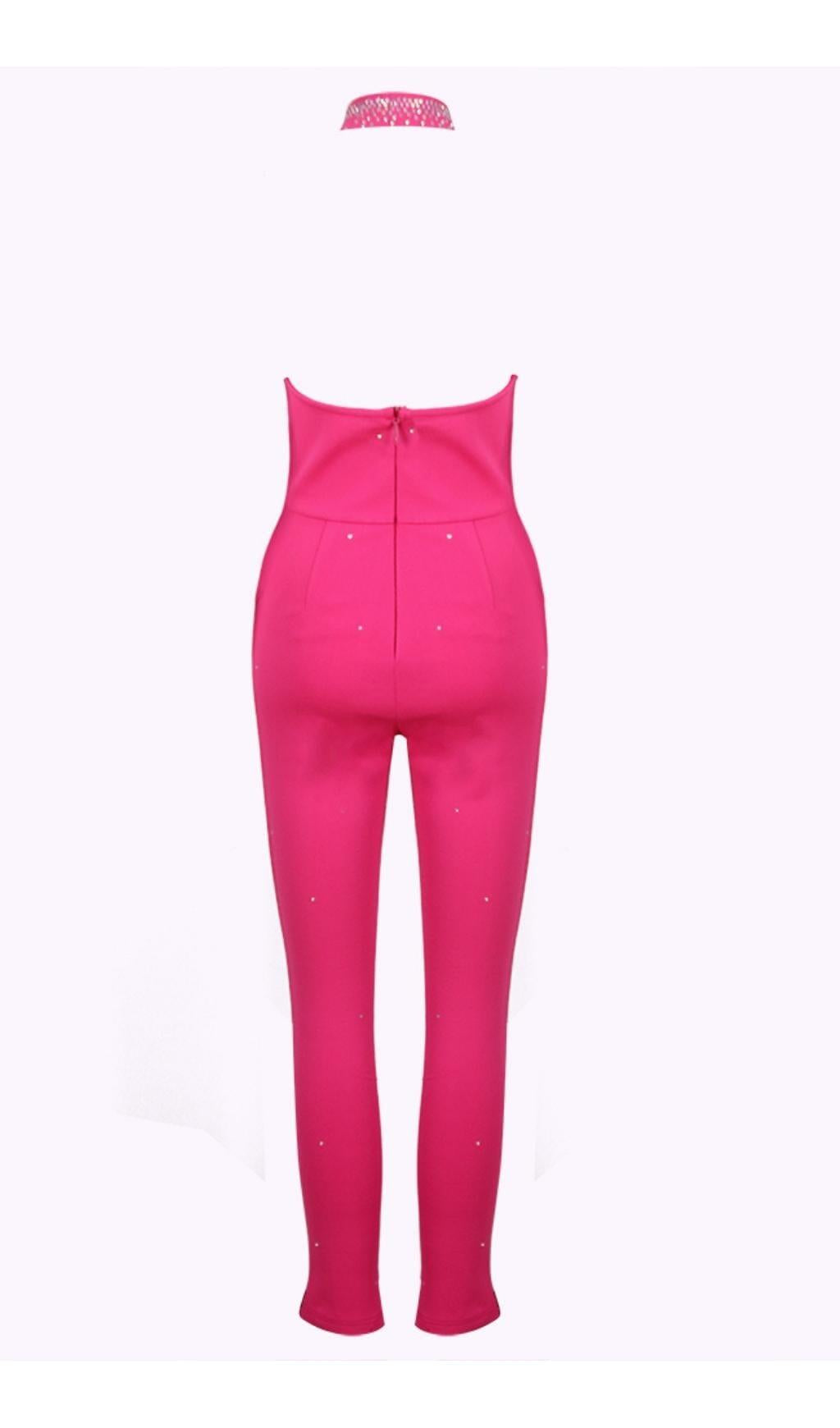 HALTER NECK CRYSTAL BACKLESS JUMPSUITS IN PINK