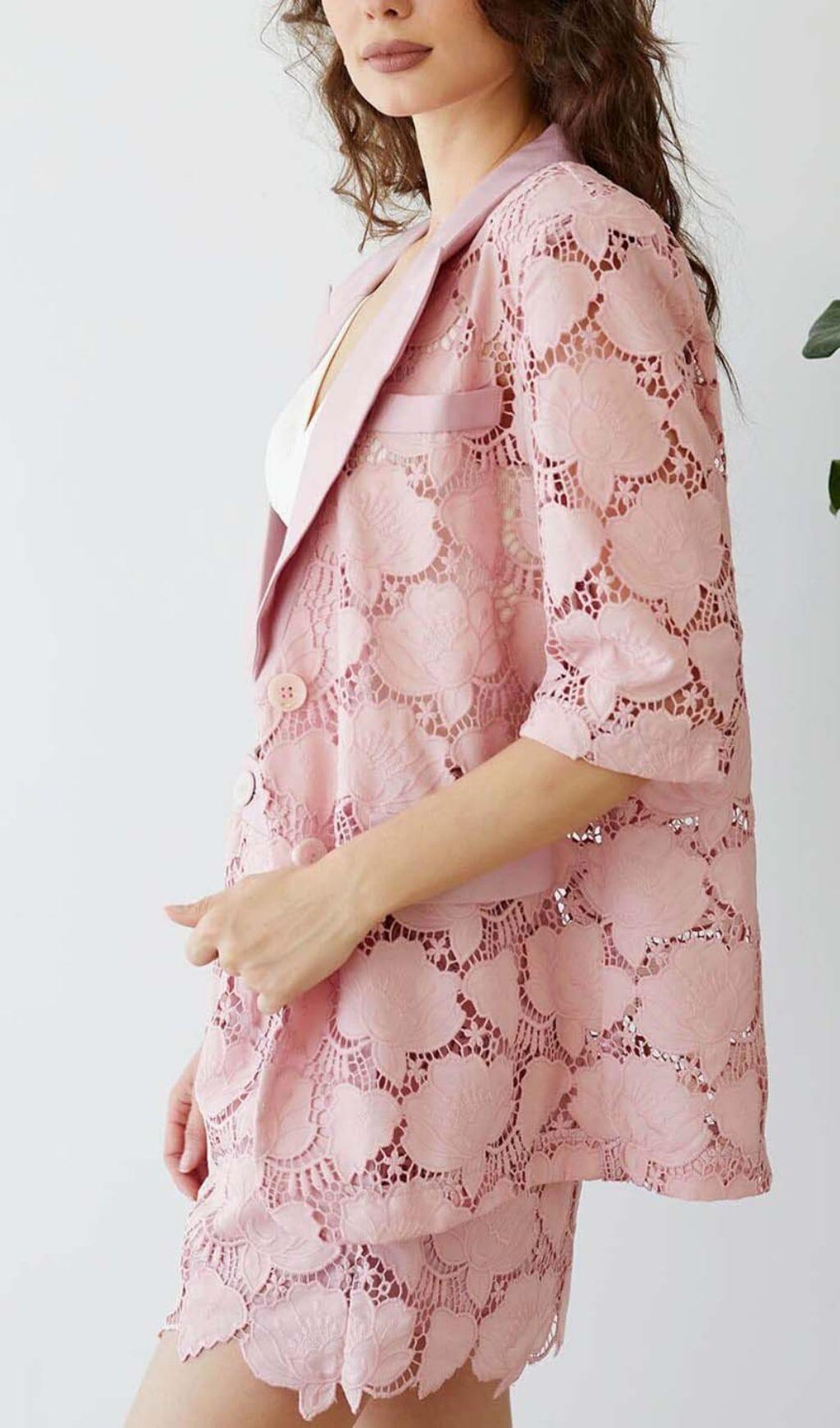 FLORAL EMBROIDER JACKET DRESS SET IN PINK